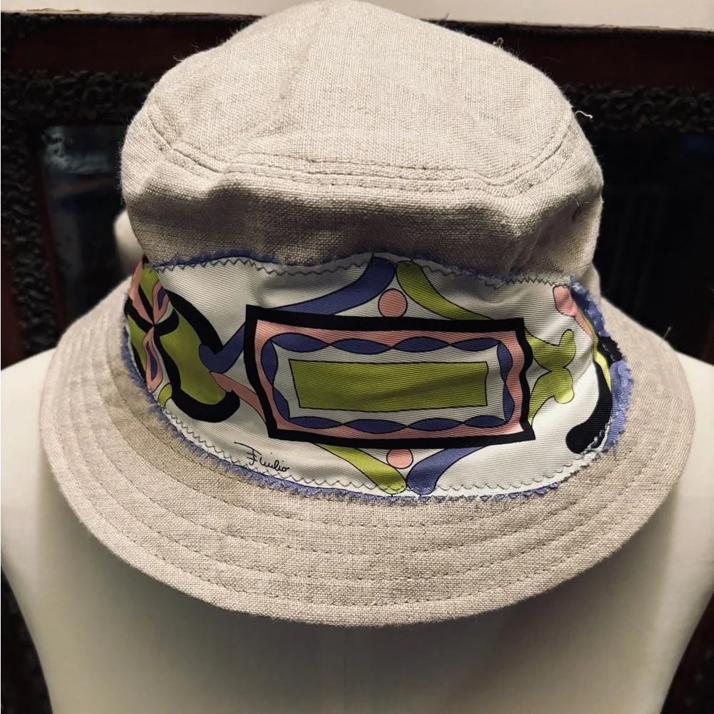 SALE Custom Unisex RESPOKE EMILIO PUCCI Bucket Hat . Pucci Silk Trim Irish Linen - Picture 1 of 15